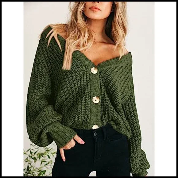 Chunky Knit Open Front Cardigan, Long Sleeve Button Loose Sweater, Women's - Picture 5 of 7